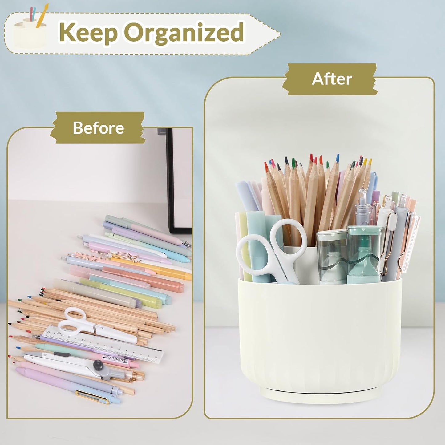 SKYDUE 360 Degree Rotating Pencil Pen Holder for Desk, Dual-Purpose Desk Organizer, Rotating Pencil Cup with 5 Slots, Office Supplies, Desk Decor for Office, School, Home