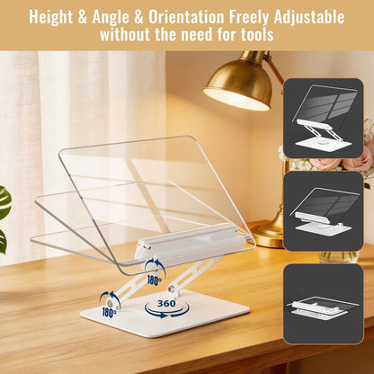 HAUTOCO Adjustable Acrylic Book Stand for Reading, 360° Rotating Base, Foldable Desktop Book Holder with Elastic Page Clips, Hands-Free Cookbook Stand for Laptop, Tablet, Recipe, Textbook, Music Score