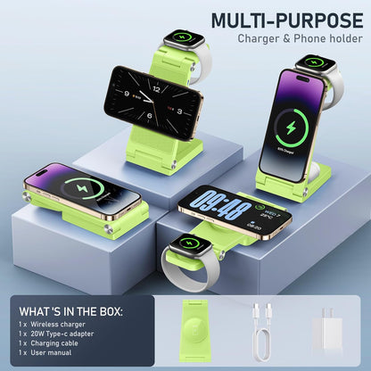 Magnetic Wireless Charger Stand, 3 in 1 Foldable Wireless Charging Station with 20W Adapter, Travel Charger for Multiple Devices for iPhone 17 16 15 14 13 12 Pro/Max/Plus/Mini, iWatch, AirPods