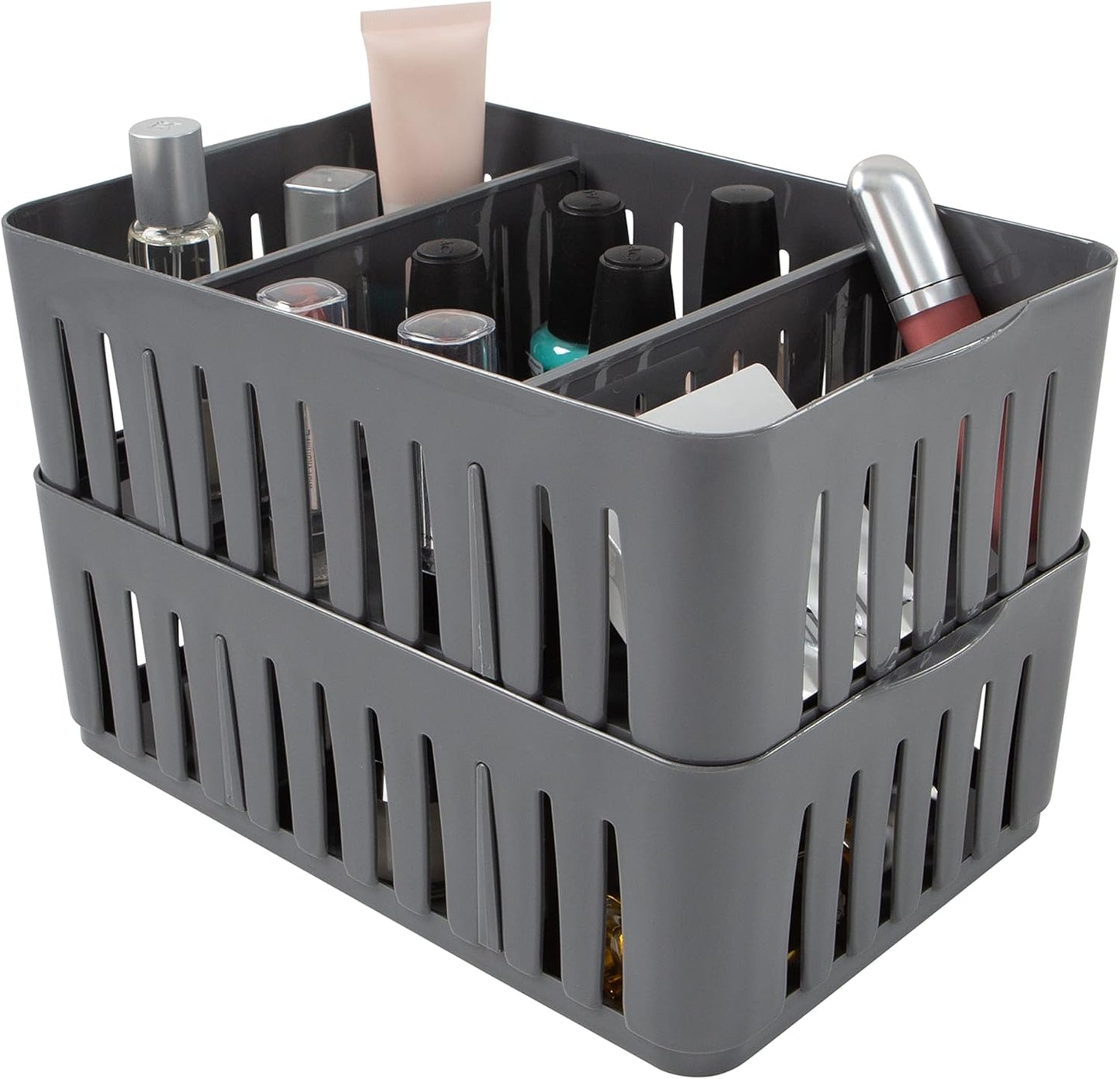Simplify 4 Compartment Stackable Bin with Adjustable Dividers | Drawer Organizer | Storage Basket | Good for Office | Desk Supplies | Dorm |Bathroom | Accessories | Make Up | Grey