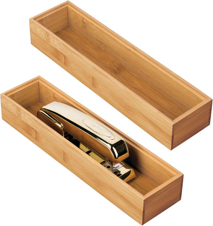 mDesign Slim Wooden Bamboo Drawer Organizer for Office - 12" Long Stackable Storage Box Tray for Desk Drawers/Cabinet - Junk Drawer and Accessories Organization - Echo Collection, 2 Pack, Natural Wood