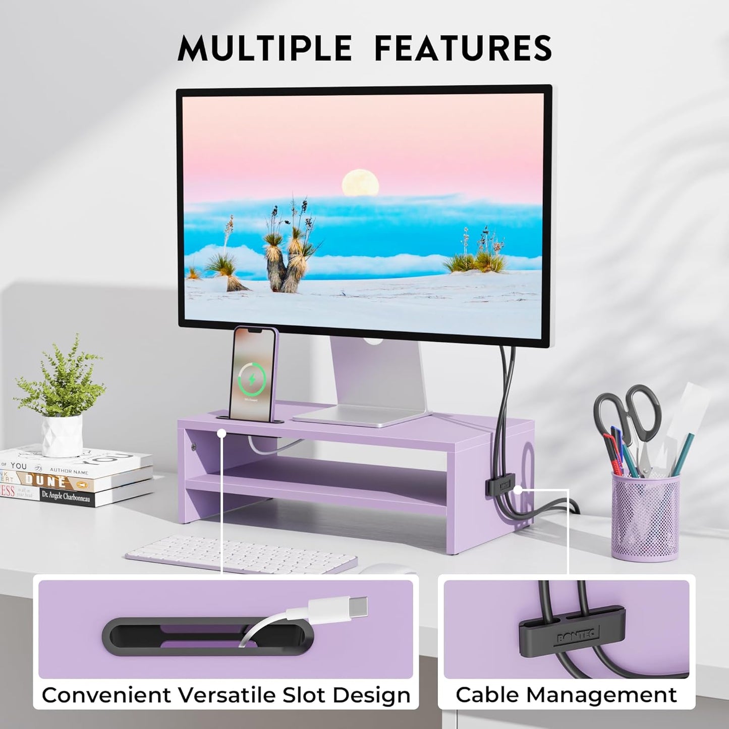 BONTEC Wooden Monitor Stand Riser, 2-Tier Desk Shelf with Storage Organizer, Ergonomic Computer Stand with Cable Management, Cellphone Holder, White, 16.5 Inch