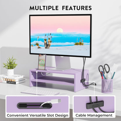 BONTEC Wooden Monitor Stand Riser, 2-Tier Desk Shelf with Storage Organizer, Ergonomic Computer Stand with Cable Management, Cellphone Holder, White, 16.5 Inch