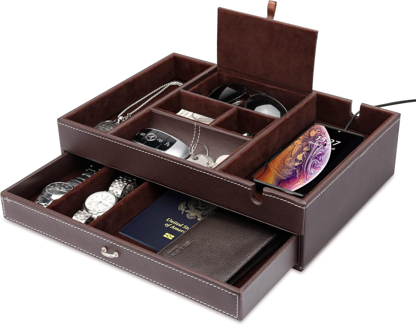Baoyun Valet Tray for Men, 2 Layers Nightstand Organizers for Men and Women, Leather Jewelry Storage Box, Mens Dresser Top Organizer, Catch All for Jewelry Key Wallet and Phone (Brown)