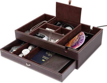 Baoyun Valet Tray for Men, 2 Layers Nightstand Organizers for Men and Women, Leather Jewelry Storage Box, Mens Dresser Top Organizer, Catch All for Jewelry Key Wallet and Phone (Brown)