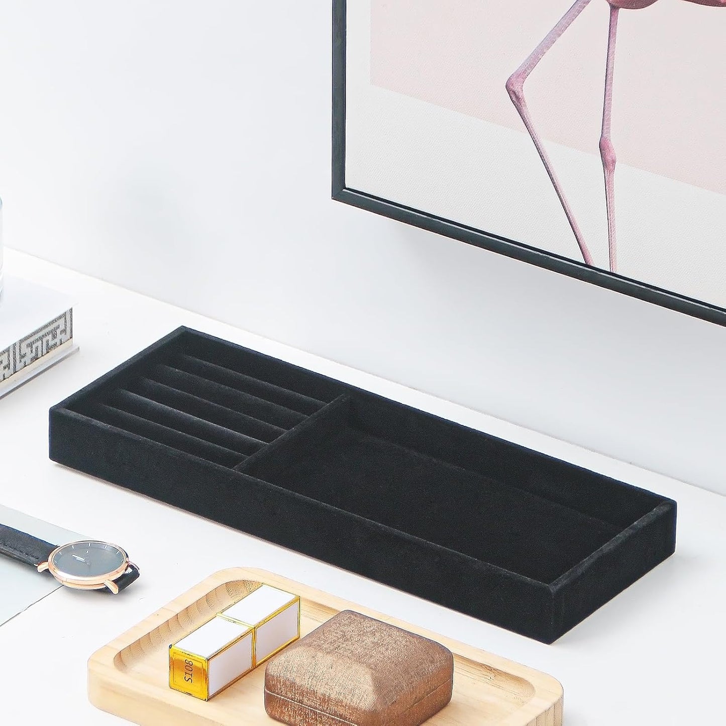 Divided Drawer Organizer Tray, Velvet Jewelry Storage Tray, Necklace Bracelet Ring Earring Display Tray,Bedside Nightstand Desk Holder Tray for Phone Watch Sunglasses Cosmetics Storage/Beige/1grid