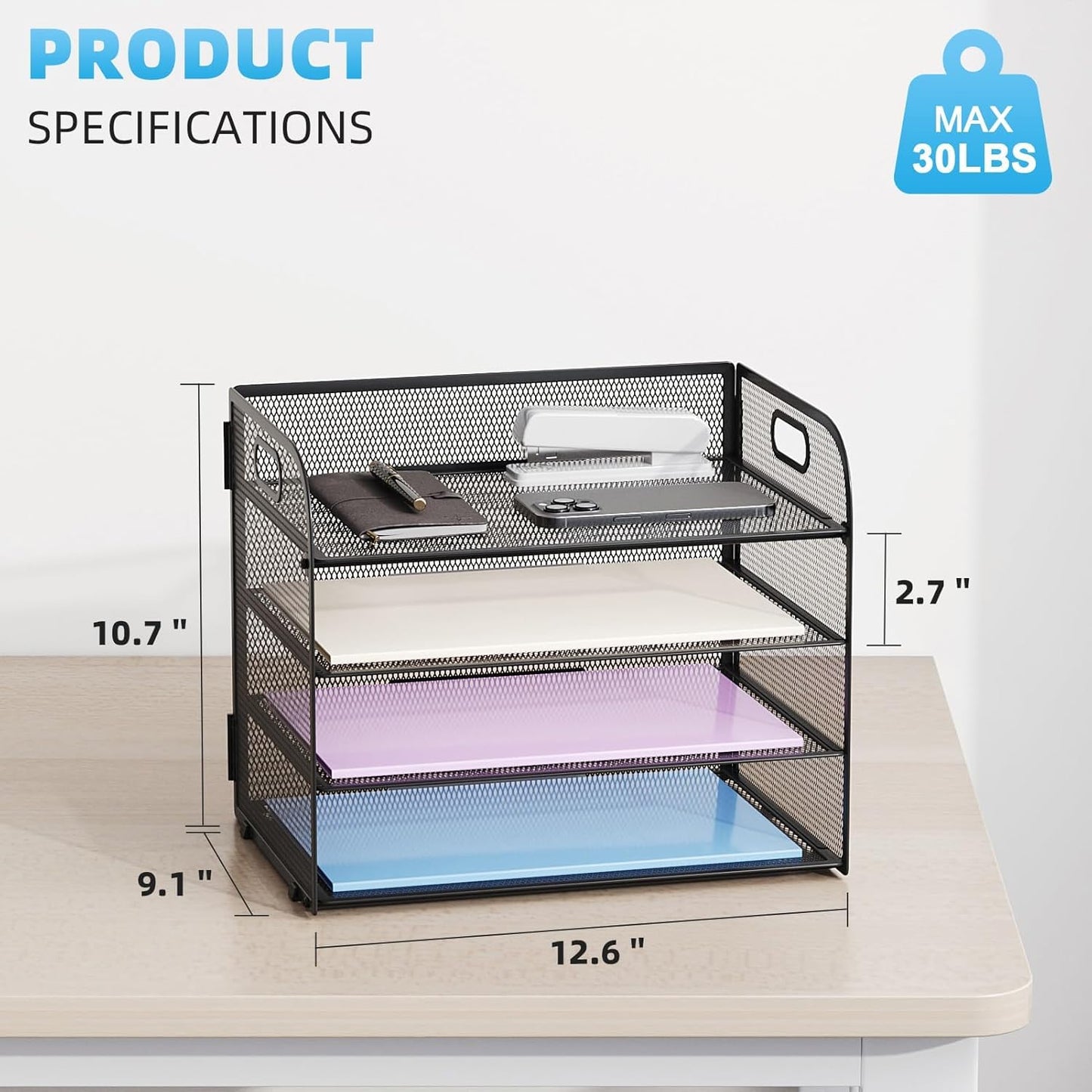 Marbrasse 4 Tier Paper Organizer Letter Tray - Mesh Desk File Organizer with Handle, Paper Sorter Organizer for Letter/A4 Office File Folder Holder (Black, 12.6" x 9.1" x 10.7")