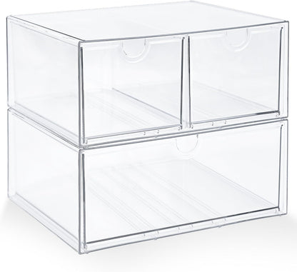 Prsildan Acrylic Makeup Organizer, 2 Pack Stackable Storage Drawers with 6 Drawers for Office Desk Vanity Craft Room Clear Drawer Organizers for Hair Accessories Art Supplies Cosmetics Modular System