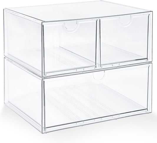 Prsildan Acrylic Makeup Organizer, 2 Pack Stackable Storage Drawers with 6 Drawers for Office Desk Vanity Craft Room Clear Drawer Organizers for Hair Accessories Art Supplies Cosmetics Modular System