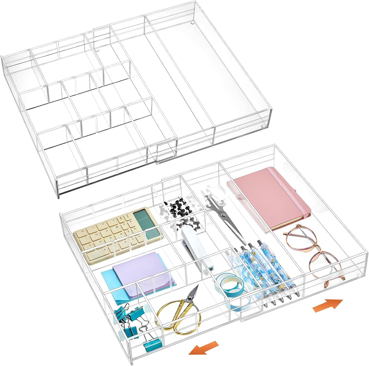 Briwooody 2 Pcs Acrylic Desk Drawer Organizer Maximum 12 x 18 x 2.1 Inch Expandable Drawer Organizer Trays with 8 Adjustable Compartments Desk Accessories for Makeup Silverware Office Bathroom