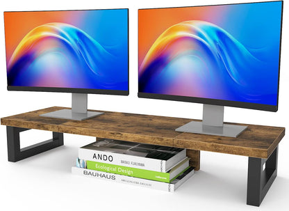 WESTREE Dual Monitor Stand Riser, Wood and Steel Multi-Purpose Desktop Storage Stand for 2 Monitors for Computer, Laptop, Printer, TV, Rustic Brown