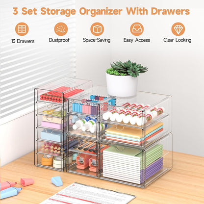 Makeup Drawer Storage Organizer with 24 Drawers, 4 Set Acrylic Office Desk Organization and Storage, Dustproof Drawer Organizer for Makeup, Office, Countertop, Jewelry, Pen, Desktop, Bathroom, Bedroom