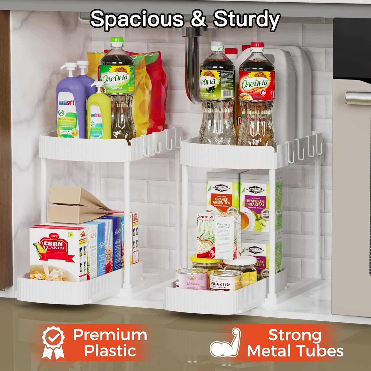 Ukeetap Multi-Purpose Pull-Out Storage Organizers, Under Sink/Cabinet Organizers and Storage for Bathroom & Kitchen, Black, 12.8 Inches, 2 Packs