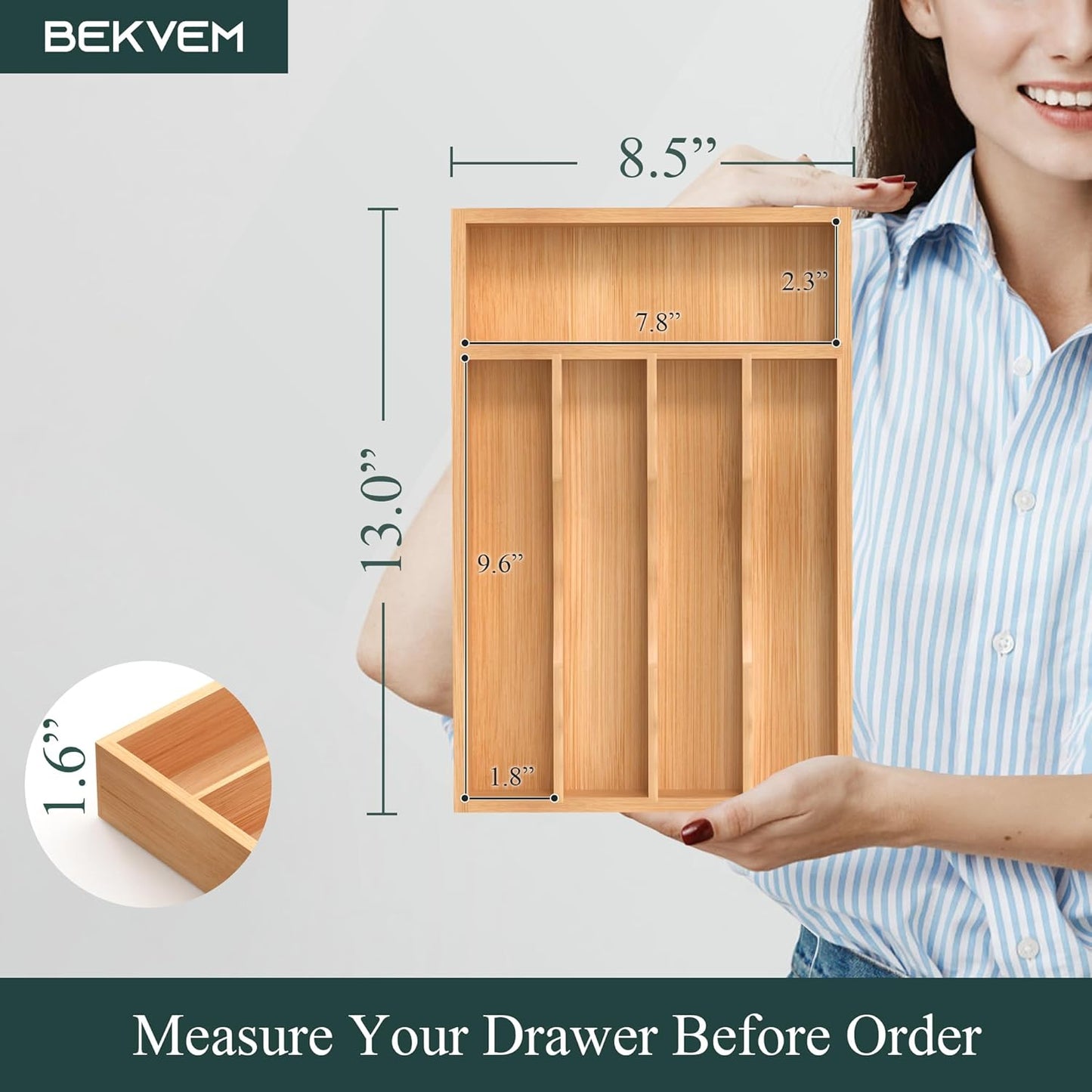 Small Silverware Organizer, Bamboo Kitchen Drawer Organizer, Utensil Holder, Cutlery Tray & Spoon Flatware Storage with Grooved Drawer Dividers (6.7''W x 12''D)