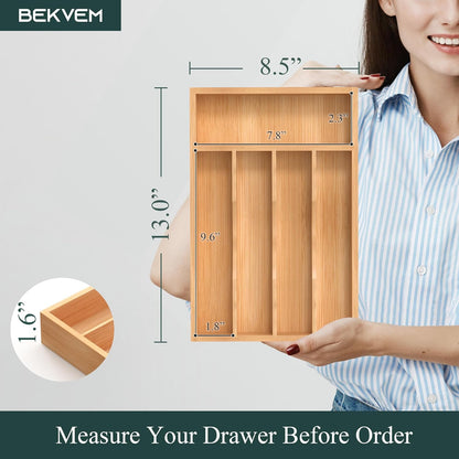 Small Silverware Organizer, Bamboo Kitchen Drawer Organizer, Utensil Holder, Cutlery Tray & Spoon Flatware Storage with Grooved Drawer Dividers (6.7''W x 12''D)