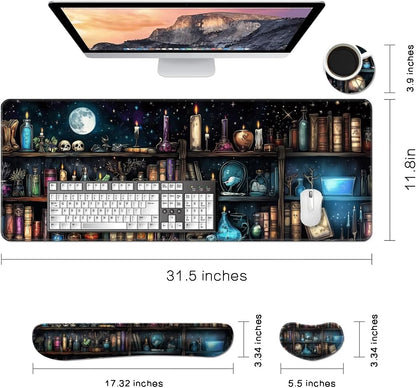 MIBITRI Keyboard Mouse Pad Set, Extended Gaming Mouse Pad+Ergonomics Keyboard Wrist Rest Support, Memory Foam, Easy Typing Pain Relief, 4Pcs XXL Ultra Thick Desk Mat, Enchanted Bookshelf