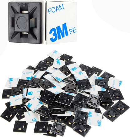 XHF 100 PCS 3/4" Black Self Adhesive Cable Zip Tie Mounts Wire Cable Clips Holders Management Anchors Organizer Holders Squares(HS-101S)