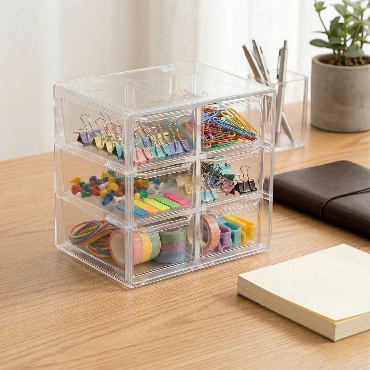 Cable Management Box 3 Layer 6 Compartment PP Material Cable Organizers for Desk Clear Cord Organizer with 118in Hook and Loop Tape Charger Organizer Electronics Travel Case for Home Office
