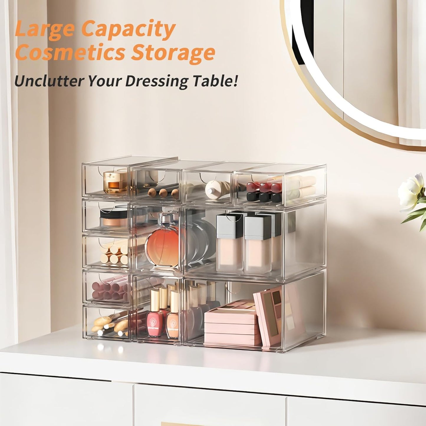 12 Pack Clear Stackable Storage Drawer Set, 3 Sizes (8 Small/2 Medium/2 Large) Modular Acrylic Drawer Organizer, Makeup Organizer for Vanity, Bathroom, Kitchen Cabinet, Desk, Undersink, Pantry, Office