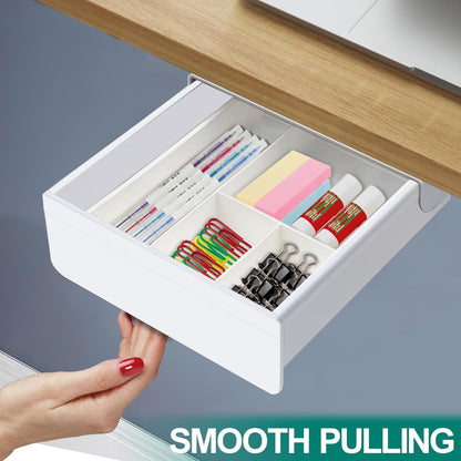 SVNNELP Under Desk Table Drawer Storage Organizer, Slide Out Drawer with 4 Compartments Divider,Pencil Storage Self-Adhesive Tray Under Table (M/Clear Black+White)