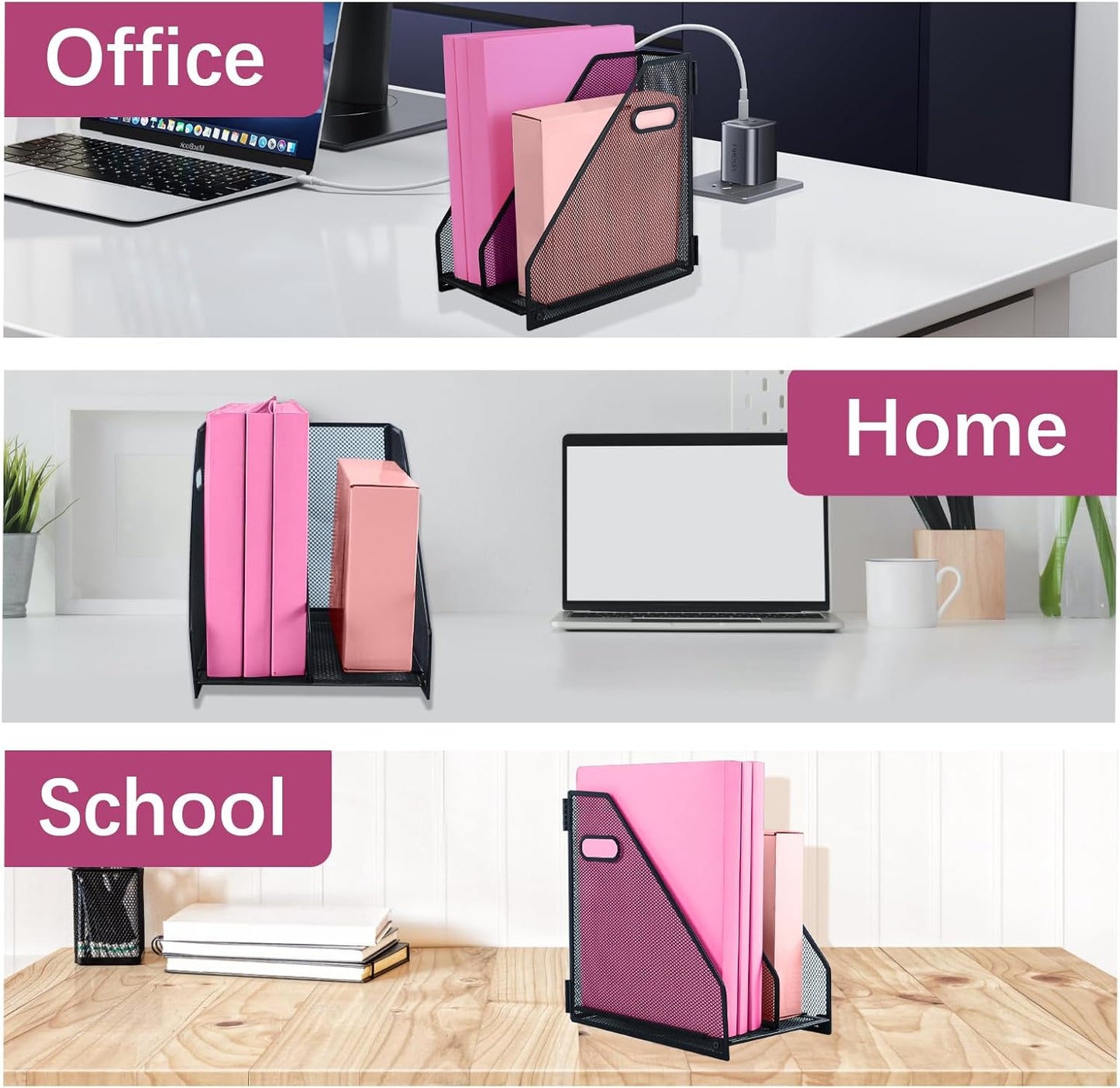 Desk Organizers, Metal Magazine File Holder with 2 Vertical Compartments Rack Binder File Organizer for Office Supplies, Home Workspace - Black