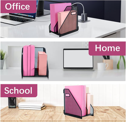 Desk Organizers, Metal Magazine File Holder with 2 Vertical Compartments Rack Binder File Organizer for Office Supplies, Home Workspace - Black