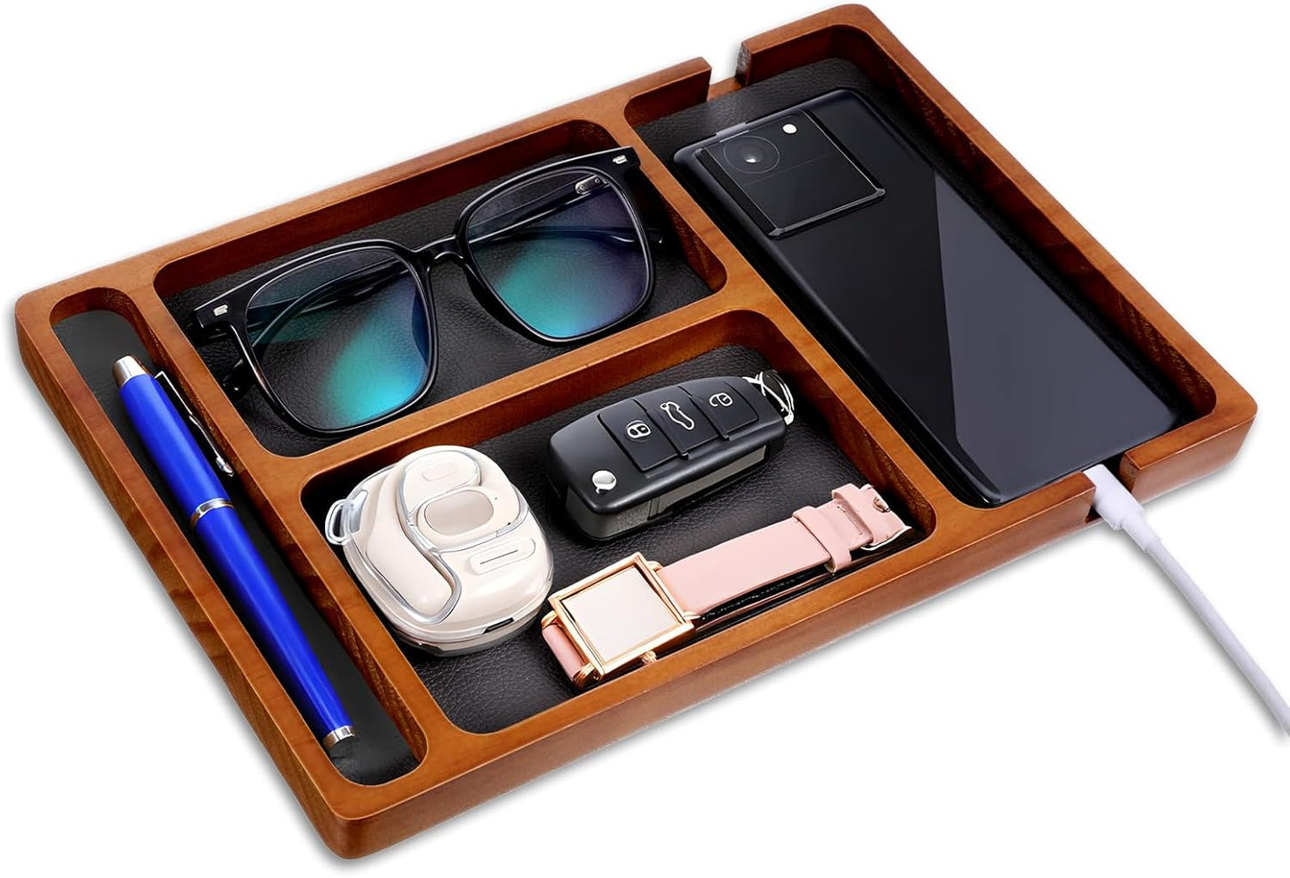 Sandalwood Wooden Valet Trays, Wood Nightstand Desk Organizer with Leather Inlay EDC Essentials Catch All Tray for Keys, Phone, Jewelry, Watch,Glasses (11.6 x 7.9 x 0.8 Inch)
