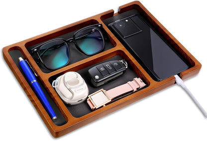 Sandalwood Wooden Valet Trays, Wood Nightstand Desk Organizer with Leather Inlay EDC Essentials Catch All Tray for Keys, Phone, Jewelry, Watch,Glasses (11.6 x 7.9 x 0.8 Inch)