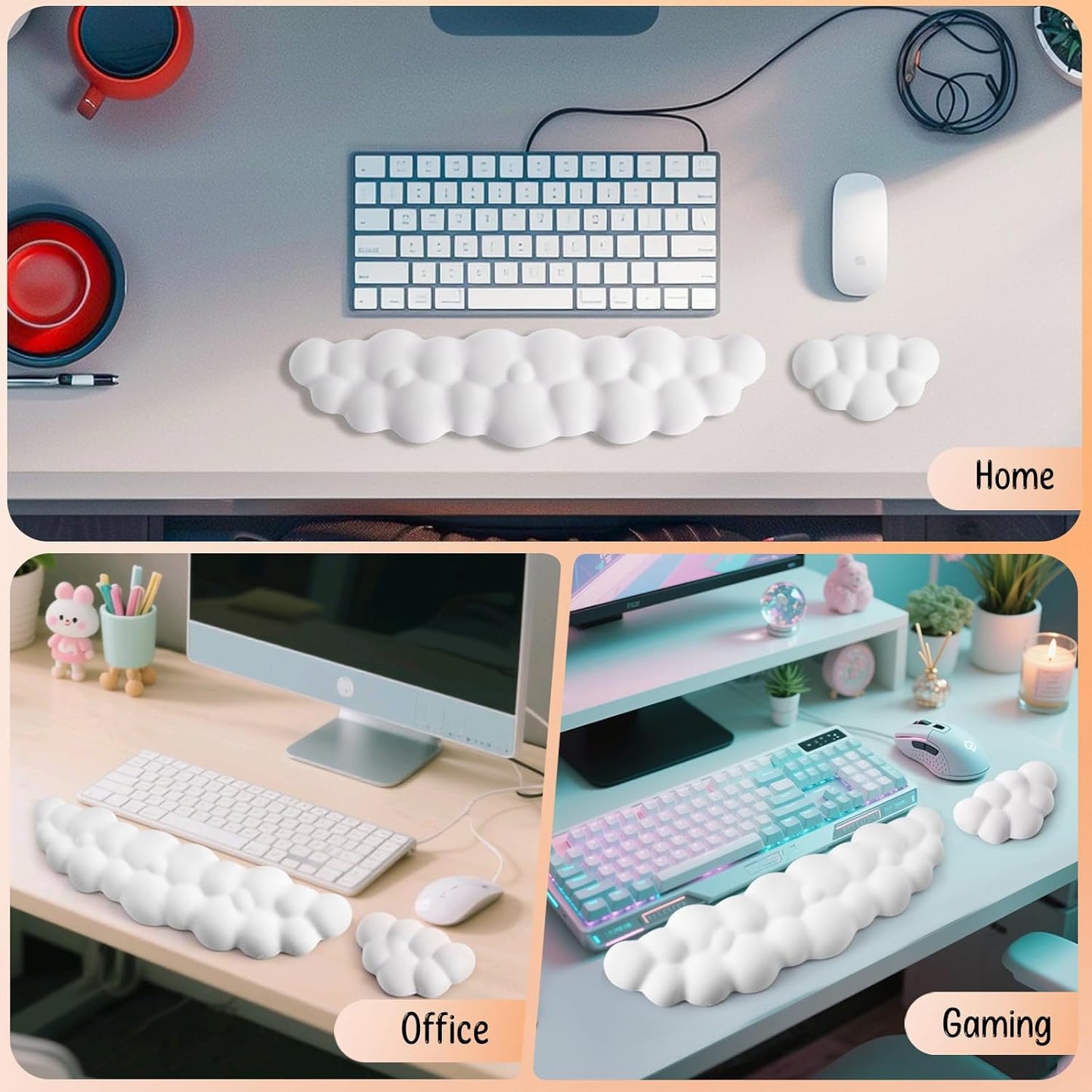 Keyboard Wrist Rest Mouse Wrist Support Set, Cloud Keybroad Wrist Rest Pad with Non-Slip PU Base, Memory Foam Wrist Rest for Pain Relief Computer Laptop Gaming Home Office, White