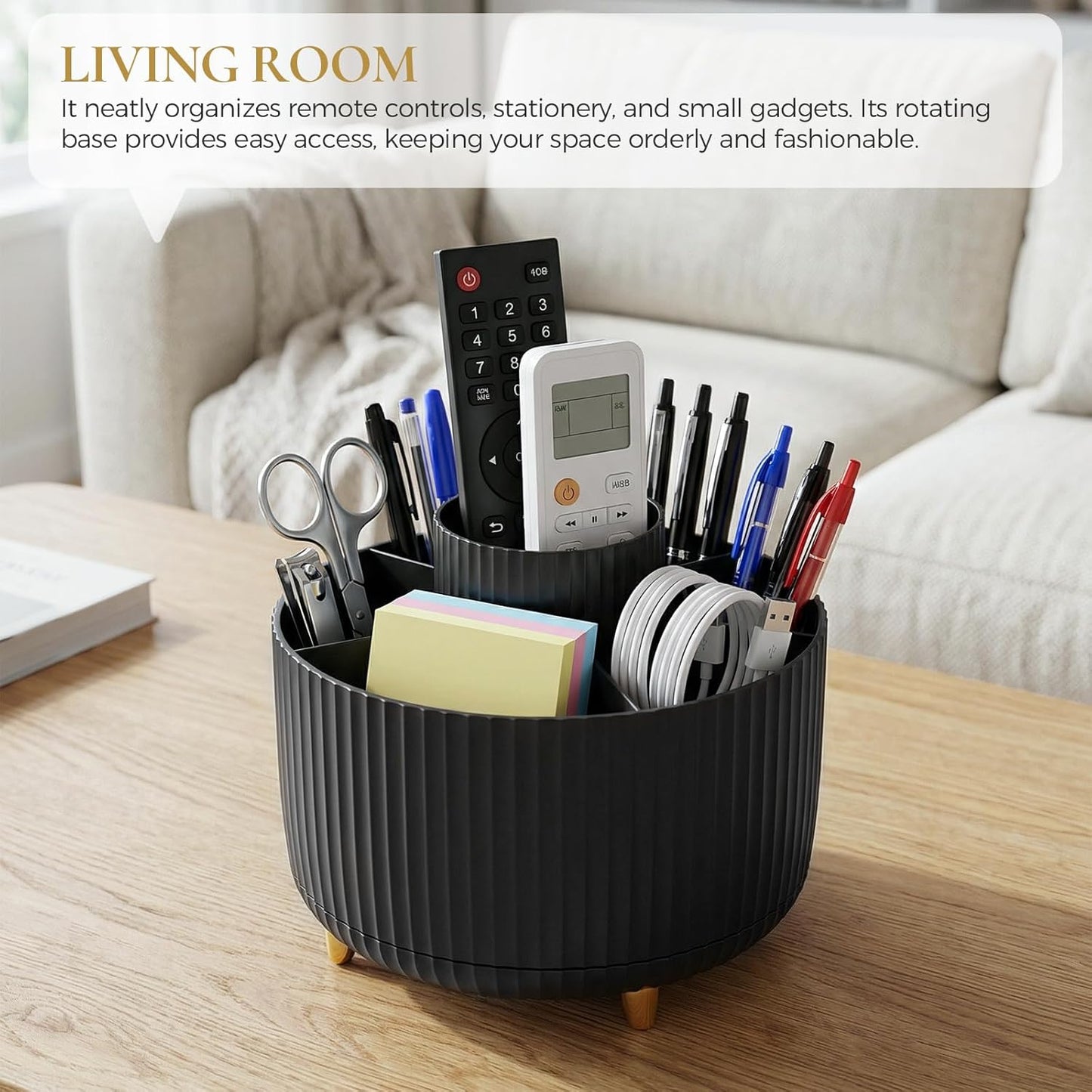 KONVINIT Pencil Pen Holder for Desk, 5 Slots 360 - Degree Rotating Desktop Organizer, Cute Desk Organizers and Accessories for School, Home, Office and Art Supply, Beige