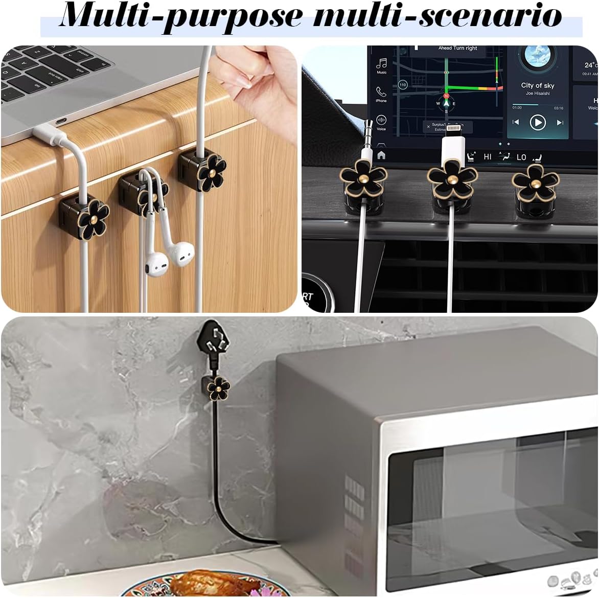 Magnetic Cord Organizer, Easy Secure Adhesive Cable Management, Wire Holder Organizer, Hide Or Organize Phone USB Charger Cable Clips for Home,Office,Car,Desk,Nightstand (White Flower-8 Pack)