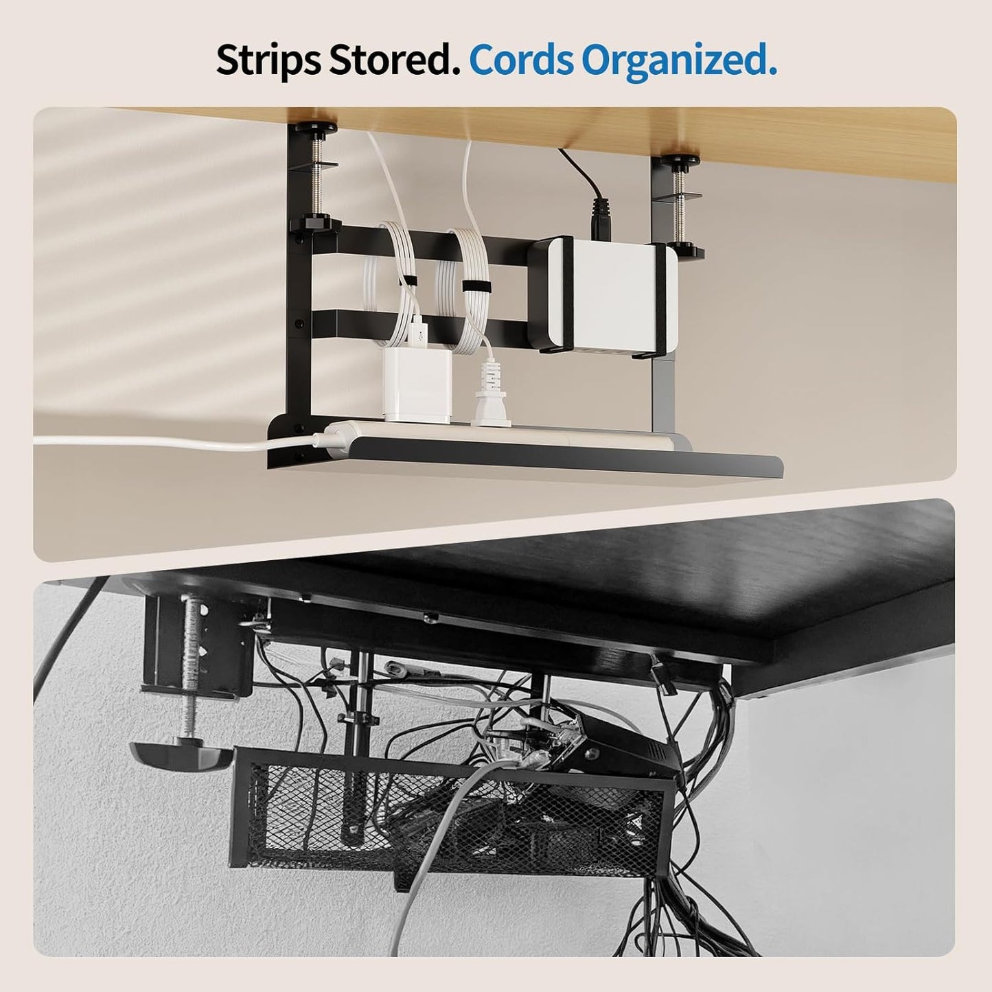 YECAYE Under Desk Cable Management Tray, No Drill Clamp Mount Metal Cable Management Tray with Desk Protection Pads, Under Desk Organizer Easy Installation with Hook & Loop Straps for Home Office