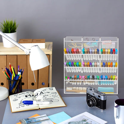 MotiMind Acrylic Pen Organizer Storage for 250 Markers Vertical Marker Organizer Acrylic Pen Display Holder for Office Desk Desktop Stationery Pencil Storage, Clear, 13 x 4 x 12.4 Inch