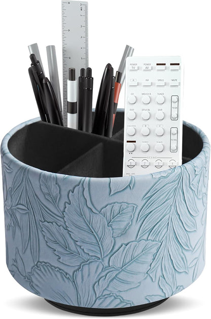 Hennaja Round Leather Art Supply Organizer,Remote Control Holder,360 Degree Rotating,Multi-Functional Pencil Holder,4 Compartments Desktop Stationary Organizer(1-Blue Bird) - Colors A