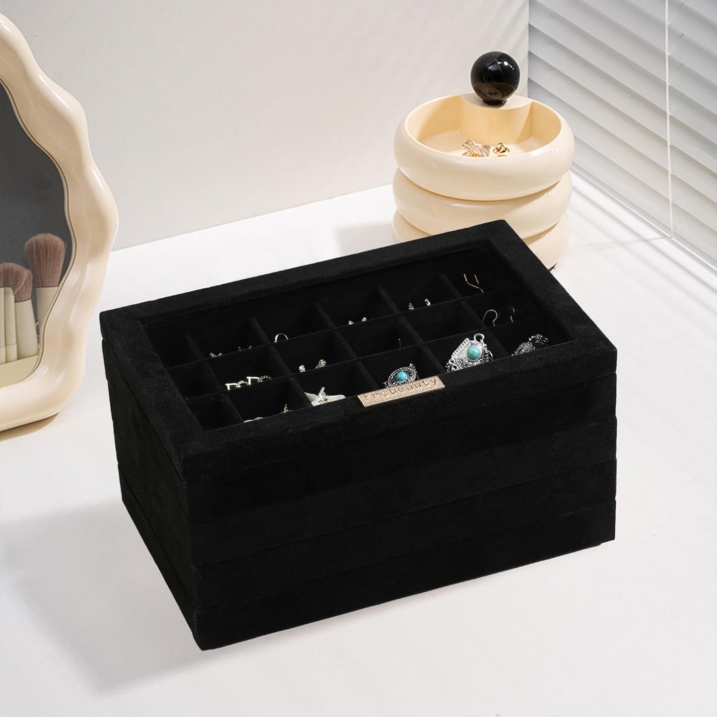 Frebeauty Stackable Jewelry Trays, Velvet Drawer Jewelry Organizer with Glass Lid,5 in 1 Multi-Functional Jewelry Storage for Earrings Necklaces Rings, 10.5 x 6.5 x 5.55 Inches Gift for Women(Beige)