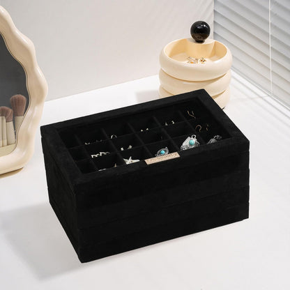 Frebeauty Stackable Jewelry Trays, Velvet Drawer Jewelry Organizer with Glass Lid,5 in 1 Multi-Functional Jewelry Storage for Earrings Necklaces Rings, 10.5 x 6.5 x 5.55 Inches Gift for Women(Beige)