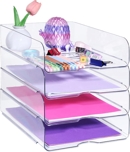 EXOFC Stackable Paper Letter Tray Organizer, 4-Pack Clear Desk File Holder for Paper, Office Organizer for A4 Documents, Books, iPad