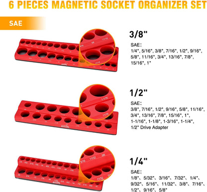 GOOACC 1/4" Magnetic Socket Organizer, 2 Pieces Socket Holder Metric SAE Socket Tray, 1/4 inch Socket Organizer Tray Holds 52 Standard Sockets for Tool Box Drawer