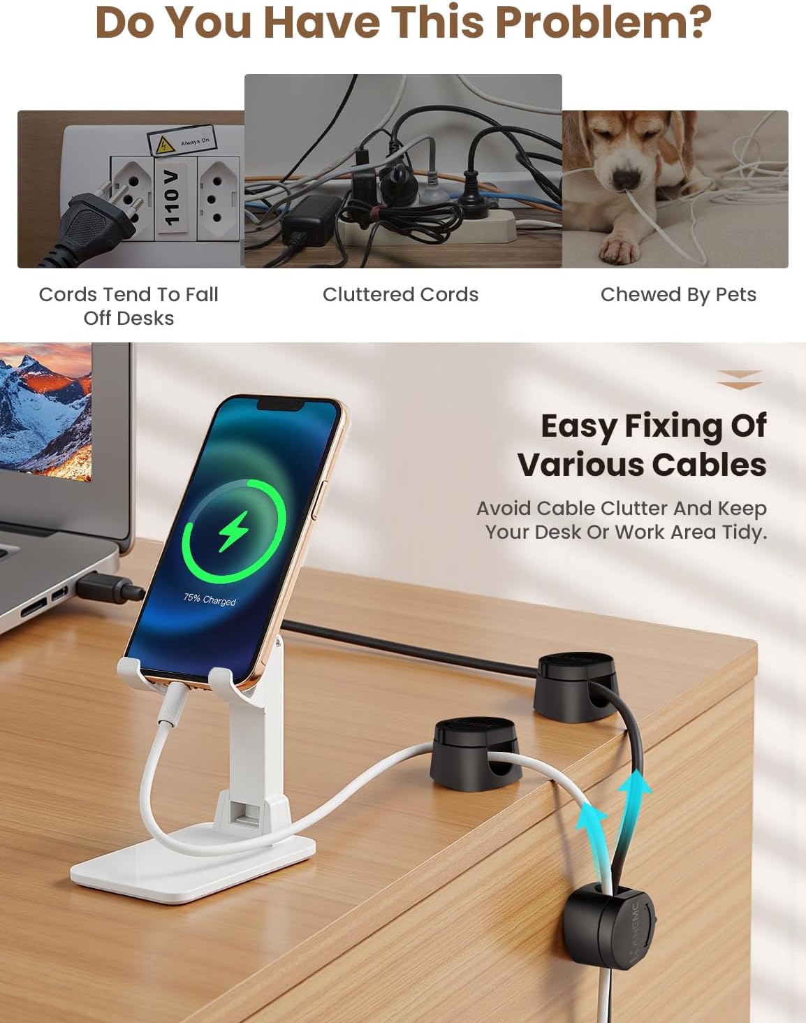 Kanemc Cable Clips Cord Holder for Desk, 360° Spin Magnetic Wire Organizer Self Adhesive Cord Management for Office Desks Cars Home Kitchen Electronic Accessory (White, 6 PCS)