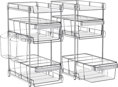 Clear Bathroom Organizers 2 Sets 3 Tier, Pull Out Organizer and Storage with 2 Cups, Slide Out Drawer Storage Container with 6 Dividers, Multi-Purpose Bathroom Organizer, Kitchen Under Sink Organizer