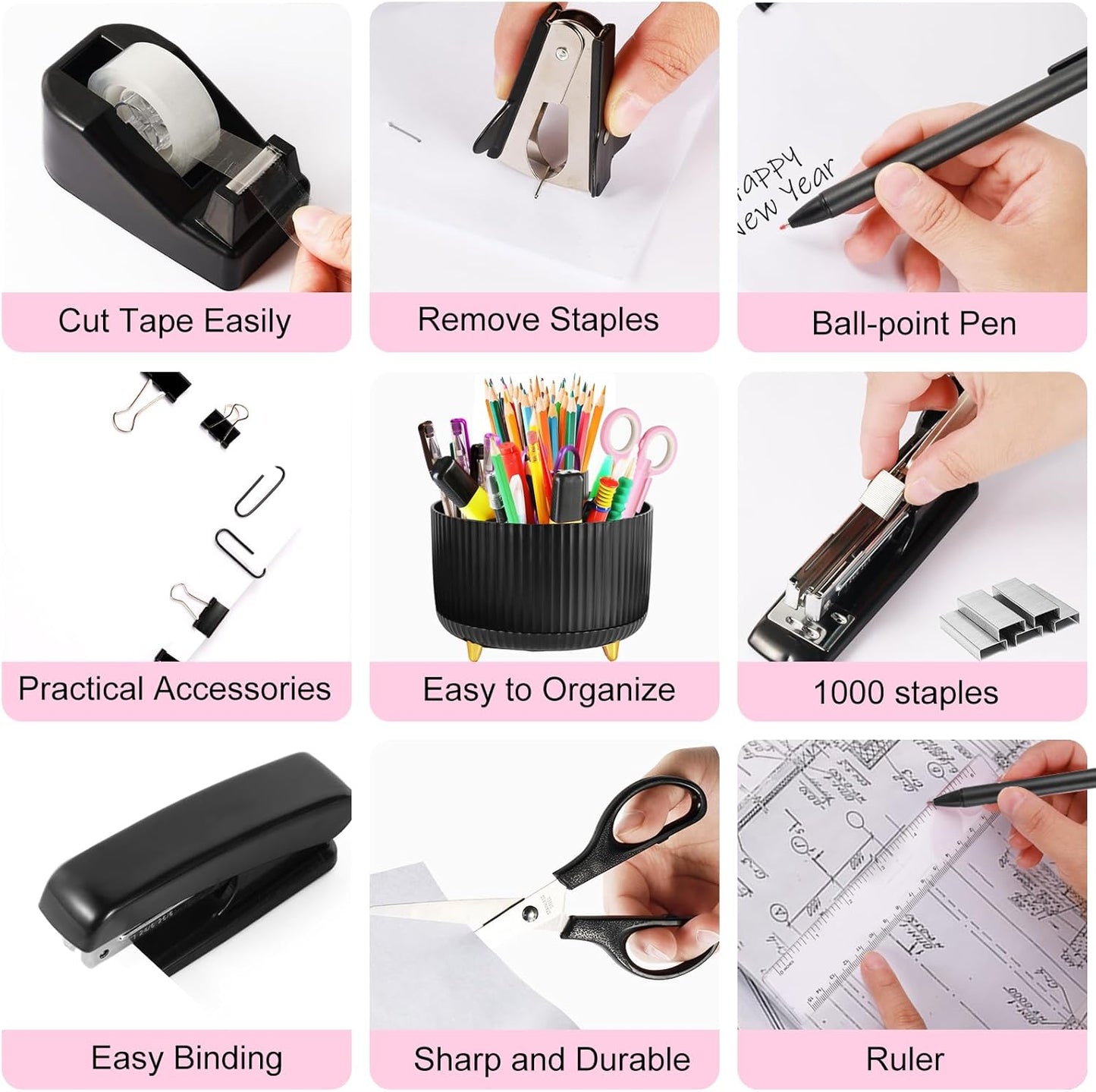 Gawsey Gold Desk Organizers and Accessories Set with 360-Degree Rotating Pen Holder, Acrylic Stapler, Tape Holder, Staple Remover, Binder/Paper Clips Kit, Scissor and 1 Box of Staples