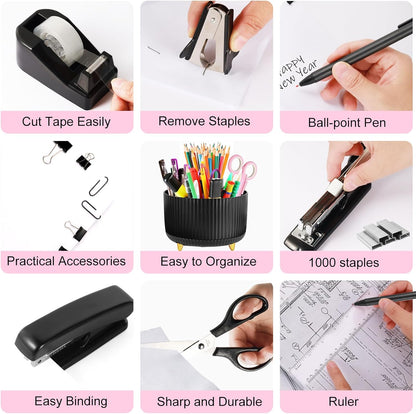 Gawsey Gold Desk Organizers and Accessories Set with 360-Degree Rotating Pen Holder, Acrylic Stapler, Tape Holder, Staple Remover, Binder/Paper Clips Kit, Scissor and 1 Box of Staples
