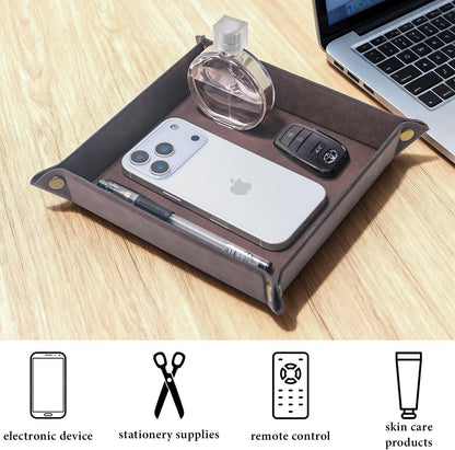 Valet Tray Desktop Storage Organizer – Premium PU Leather Catchall Bedside Vanity Tray Nightstand Caddy Holder for Remote Controller, Keys, Phone, Wallet, Coin, Jewelry,Brown