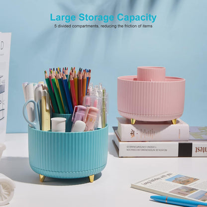 Desk Pencil Pen Holder, 5 Slots 360 Degree Rotating Pencil Pen Organizers for Desk Desktop Storage Stationery Supplies Organizer Cute Pen Cup for Office School Home Art Supply Cream Yellow