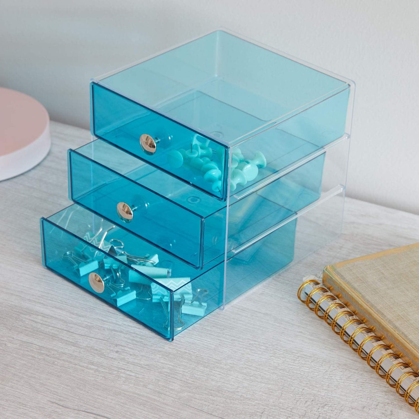 iDesign 3-Drawer Plastic Vanity Organizer, Compact Storage Organization Drawers Set for Cosmetics, Dental Supplies, Hair Care, Bathroom, Dorm, Desk, Countertop, Office, 6.5" x 6.5" x 6.5", White