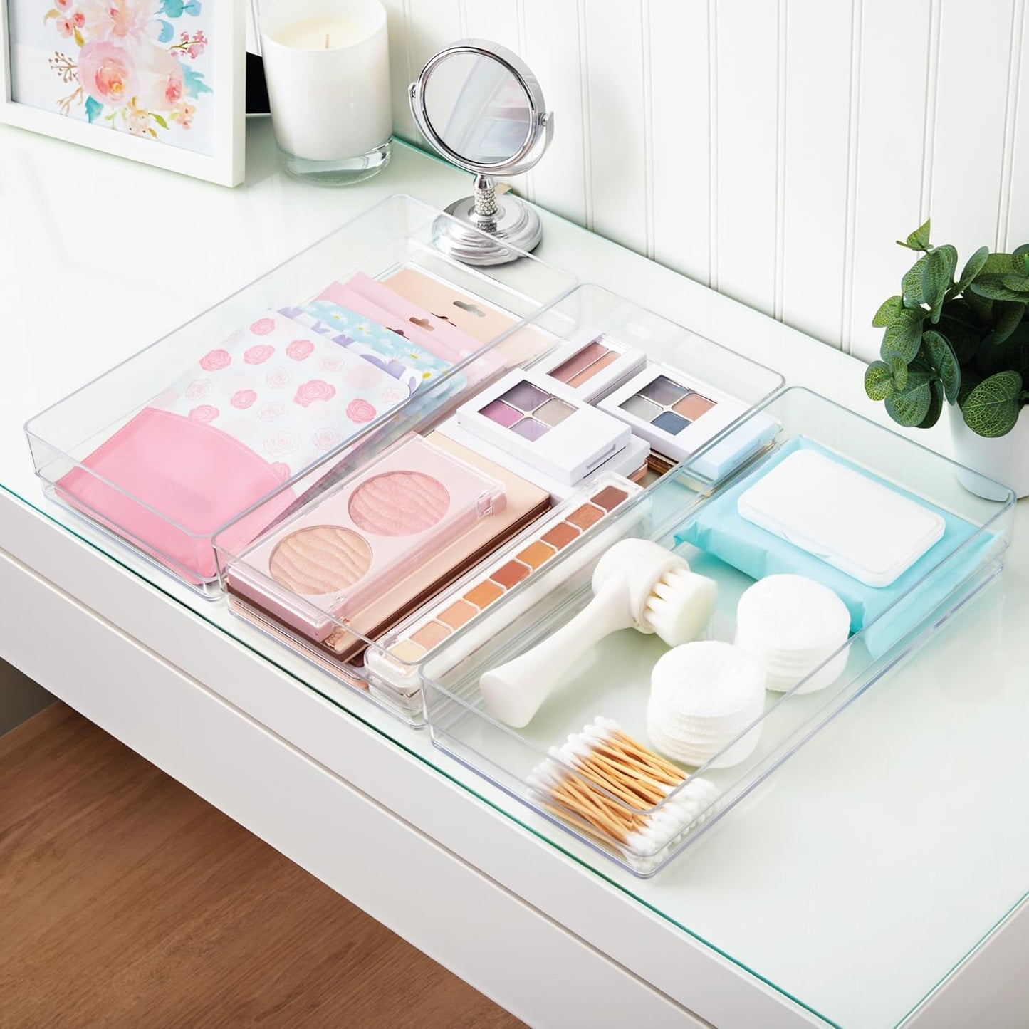 STORi SimpleSort 3-Piece Stackable Clear Drawer Organizer Set | 9" x 6" x 2" Rectangle Trays | Wide Makeup Vanity Storage Bins and Office Desk Drawer Dividers | Made in USA