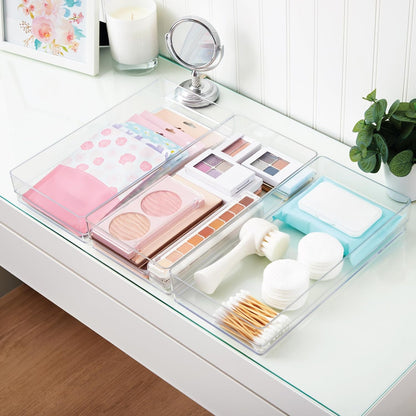 STORi SimpleSort 3-Piece Stackable Clear Drawer Organizer Set | 9" x 6" x 2" Rectangle Trays | Wide Makeup Vanity Storage Bins and Office Desk Drawer Dividers | Made in USA