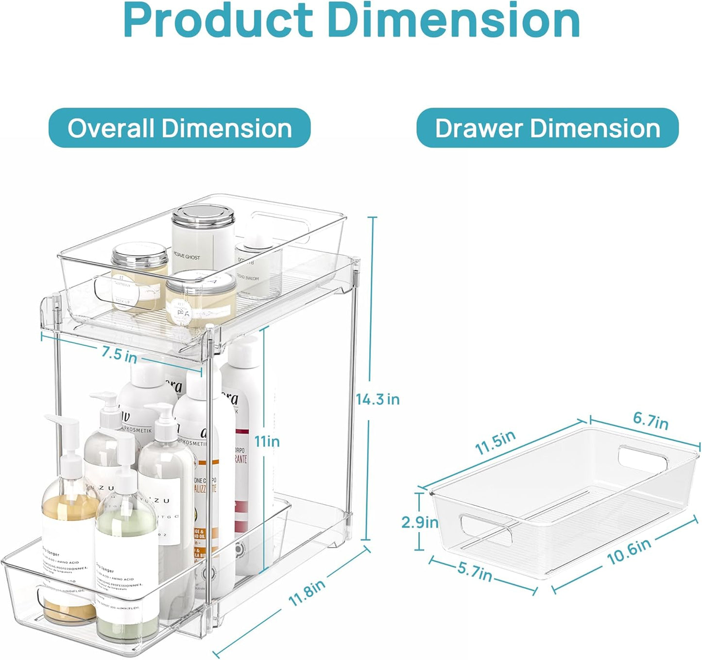 Vtopmart 4 Pack Bathroom Organizer, 2 Tier Clear Under Sink Organizers Vanity Countertop Storage Container,Cabinet Drawers Bins, Pull-Out Organization with Track for Pantry, Kitchen