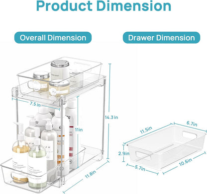 Vtopmart 4 Pack Bathroom Organizer, 2 Tier Clear Under Sink Organizers Vanity Countertop Storage Container,Cabinet Drawers Bins, Pull-Out Organization with Track for Pantry, Kitchen