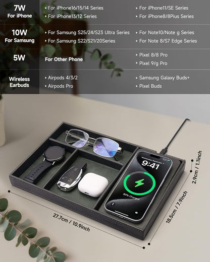 Valet Tray, Built in Wireless Charging Pad, Nightstand Organizer, Dresser Organizer, Mens Jewelry Box, Valet Charging Station, Faux Leather Valet Tray for Men and Women, (Black)